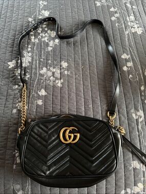 Gucci Black Quilted GG Marmont Crossbody Bag with Gold Hardware
